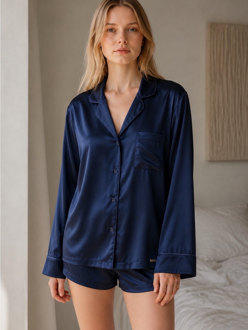 NWT Cozy Earth Serenity Silk Pajama Top Small Navy Blue 100% Mulberry Silk
